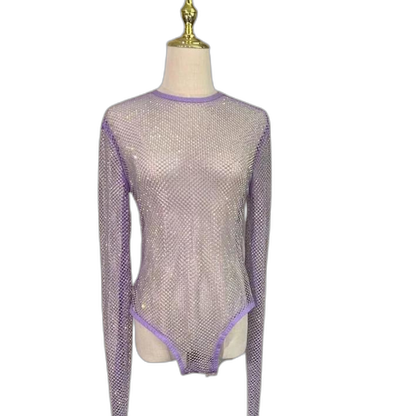 Women's Rhinestone Fishnet See-Through Sexy Bodysuit