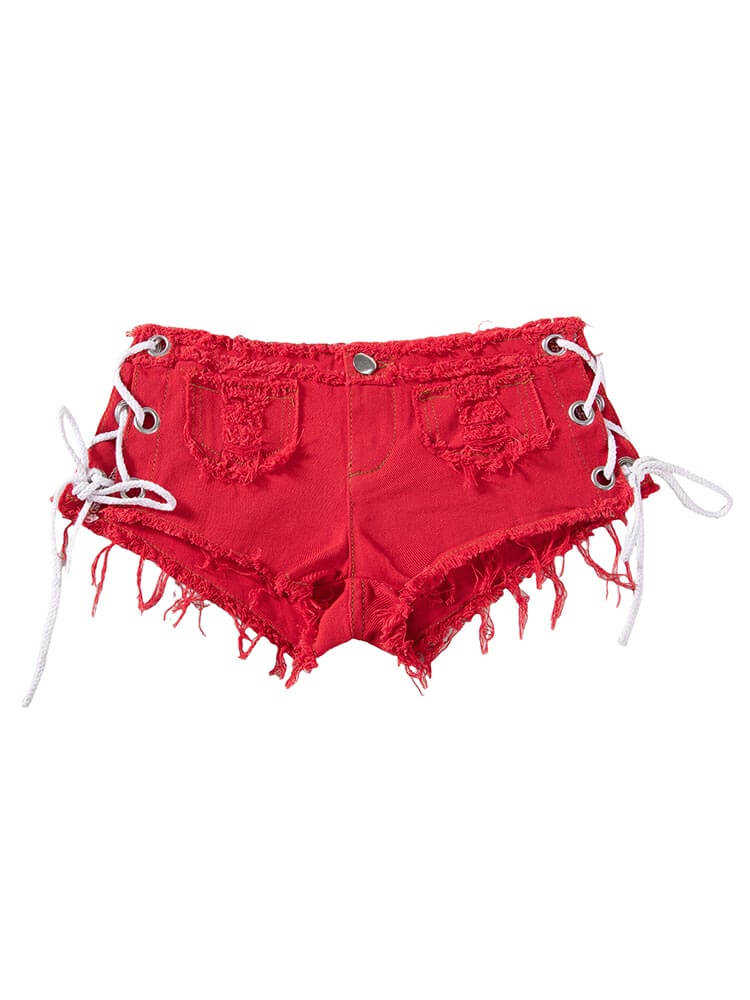 Sexy Side-Slit Tie-Up Low-Rise Frayed Hem Shorts
