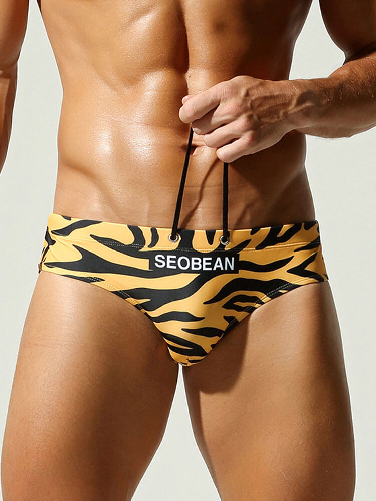 Men's Sexy Irregular-Striped Drawstring Swim Briefs
