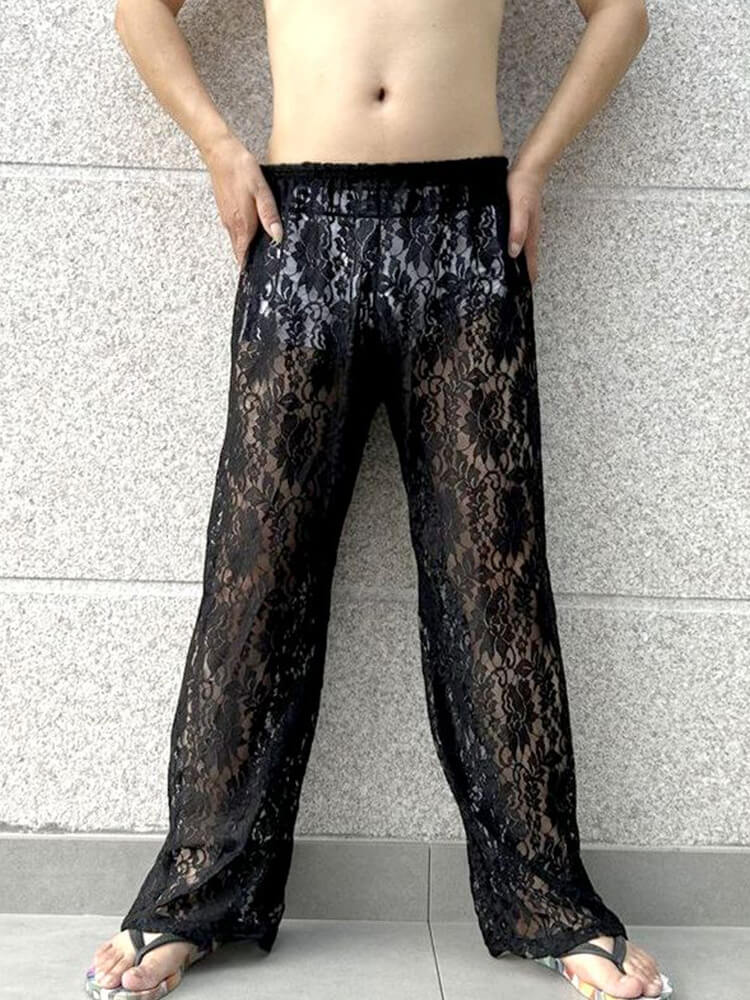 Men's Floral Lace Loose Semi-Sheer Straight Pants