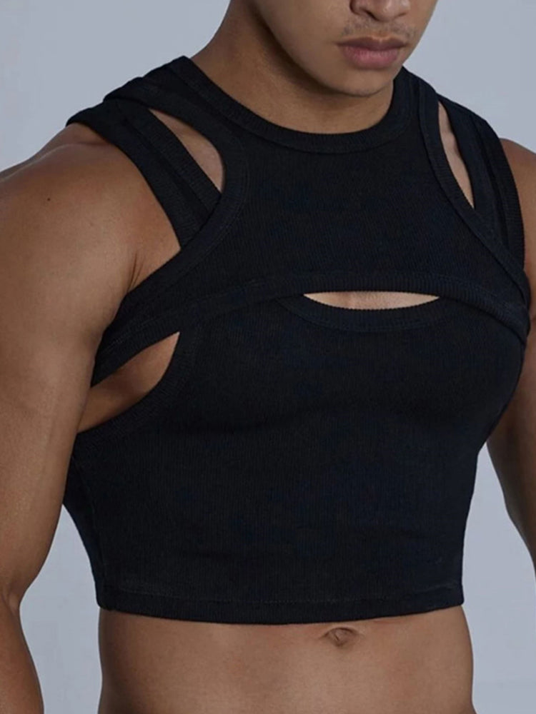 Men's Irregular Tank Top Jockstraps Set - Black