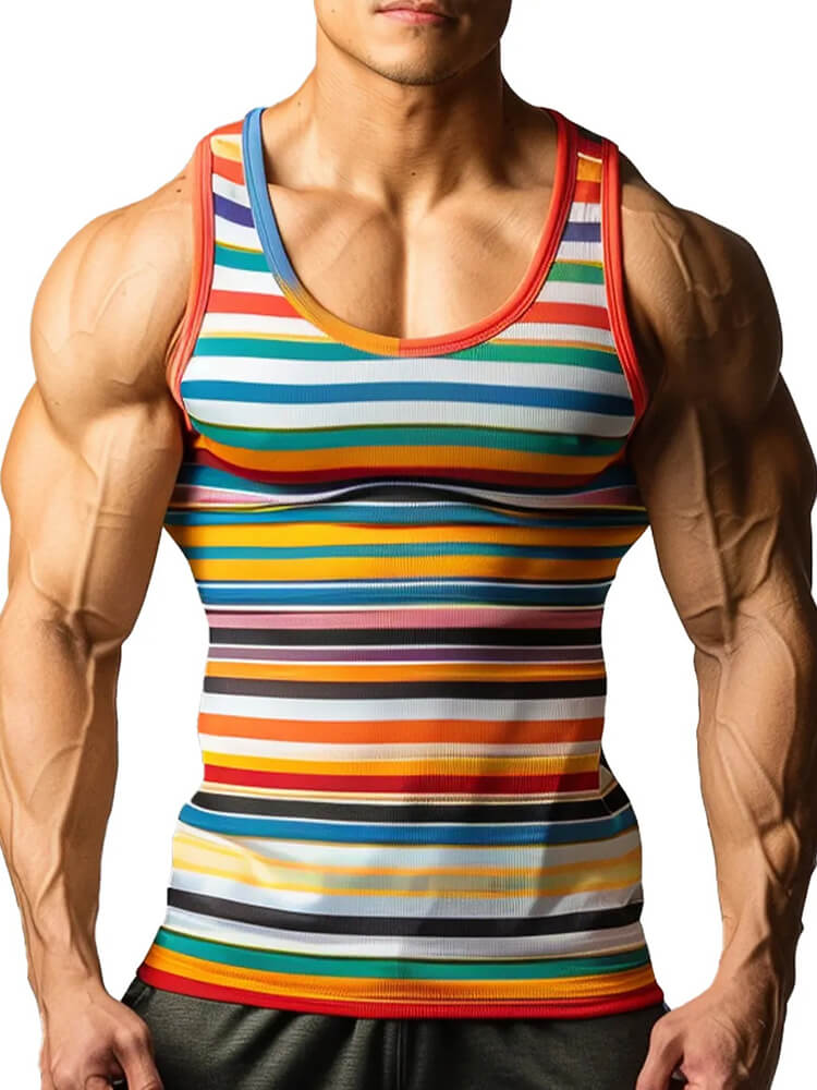 Men's Multicolor Striped Crew Neck Tank Top