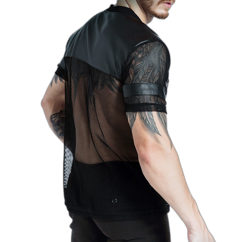 Mesh Leather Football V-Neck Tee