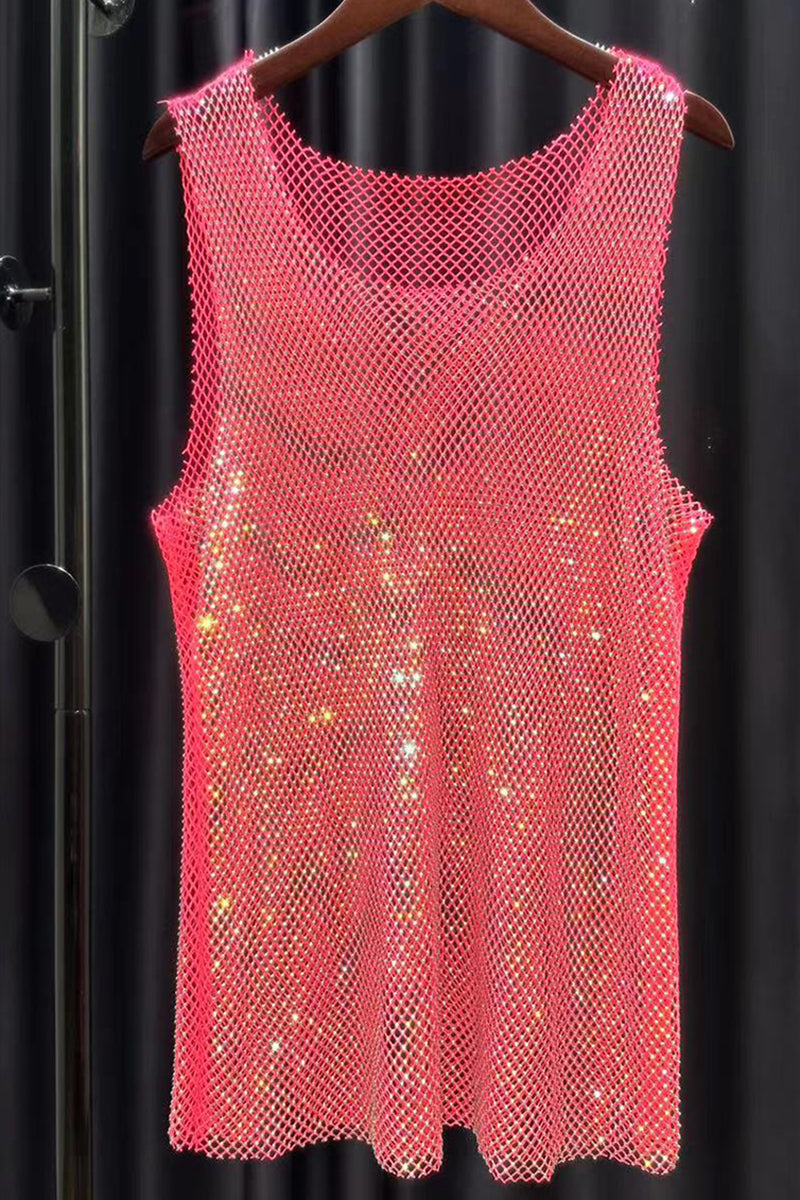 Mesh Premium Rhinestone Raw Cut Tank Top - Rainbow