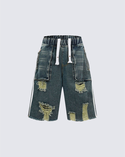Grunge Drawstring Pocket Distressed Wide Denim Shorts