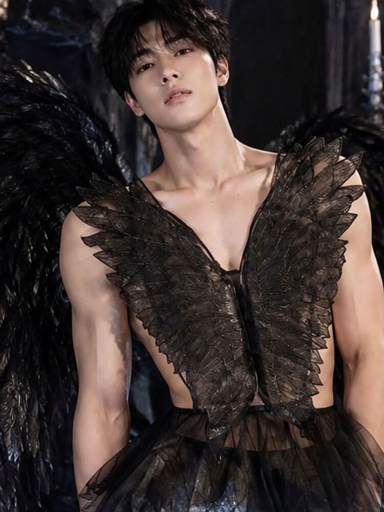 Men's Sexy Black Sheer Mesh Cute Wings Set