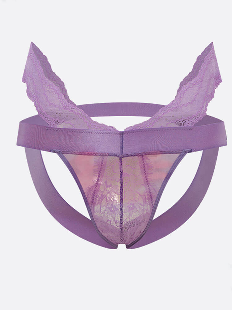 Men's Sexy Charming Hollow Purple Lace Double Thong
