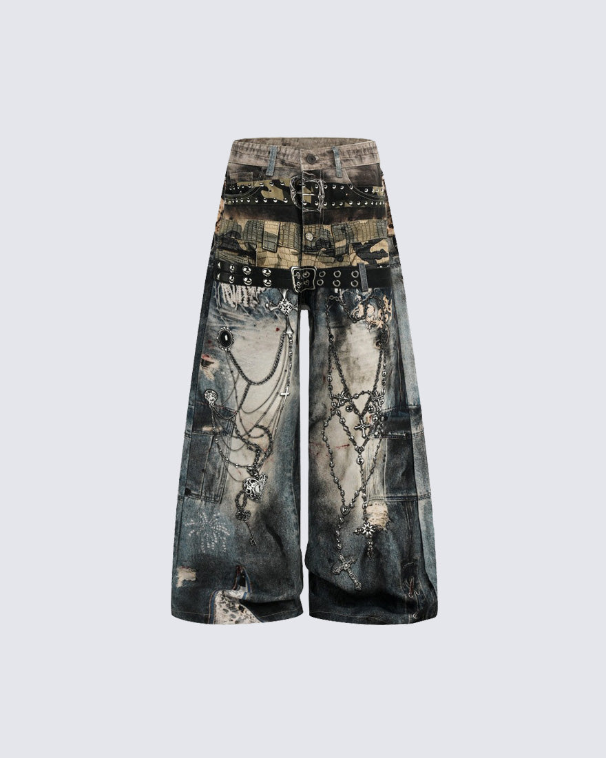 American High-Street Heavy-Duty Metal Chain Printed Pants