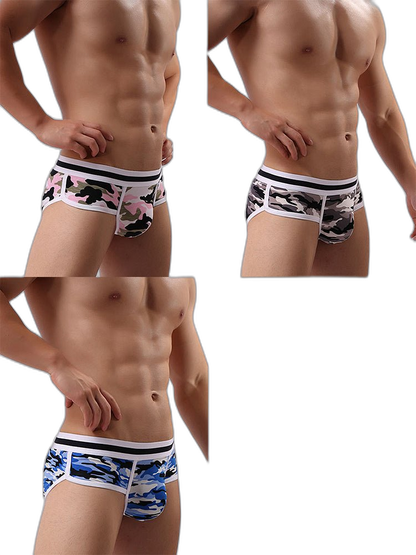 3 Pack Men's Mid-Rise Breathable Soft Cotton Camouflage Stretch Fit Bikini