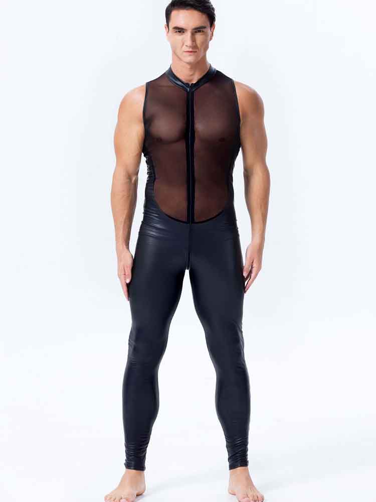 Men's Patent Leather Mesh Patchwork Bodysuit