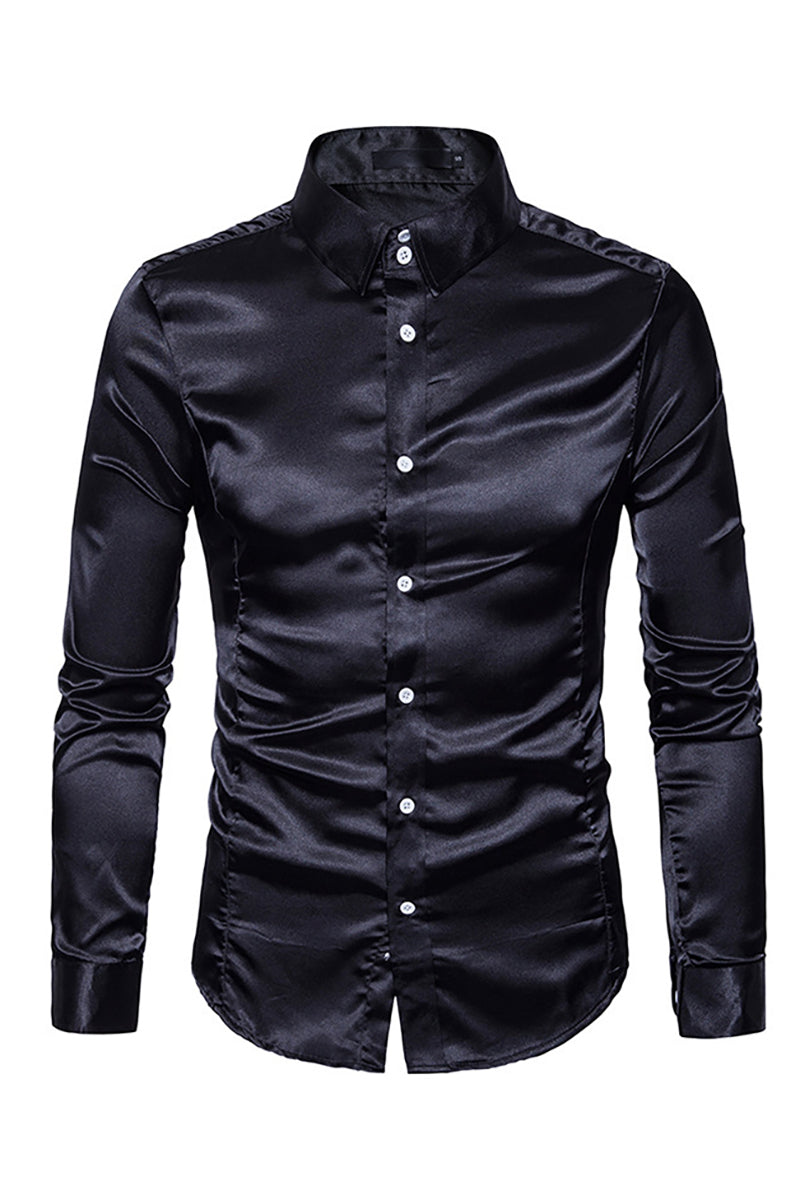 Satin Button Turndown Collar Slim Semi Formal Long Sleeve Shirt