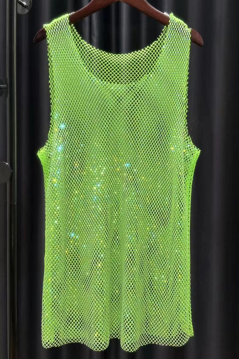 Mesh Premium Rhinestone Raw Cut Tank Top - Black