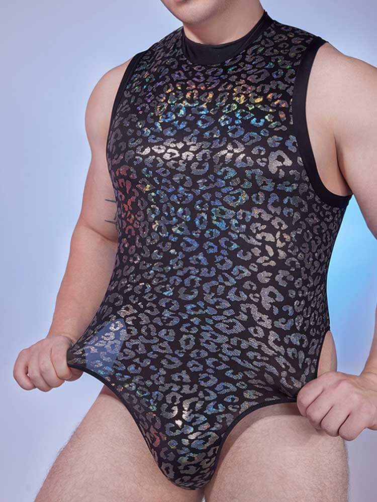 Men's Sexy Leopard Print Tight Stretch Bodysuit