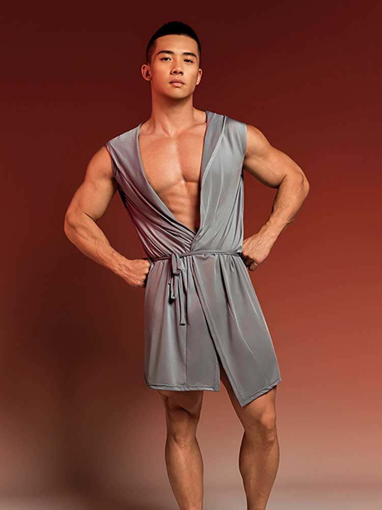 Men's Solid Quick Dry Sleeveless Hooded Bathrobe