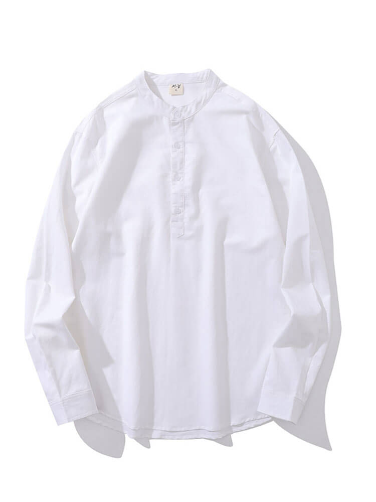 Men's Crew Neck Cotton-Linen Long-Sleeve Shirt
