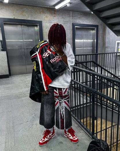 American-Style Distressed Streetwear Design With Cross Print Shorts