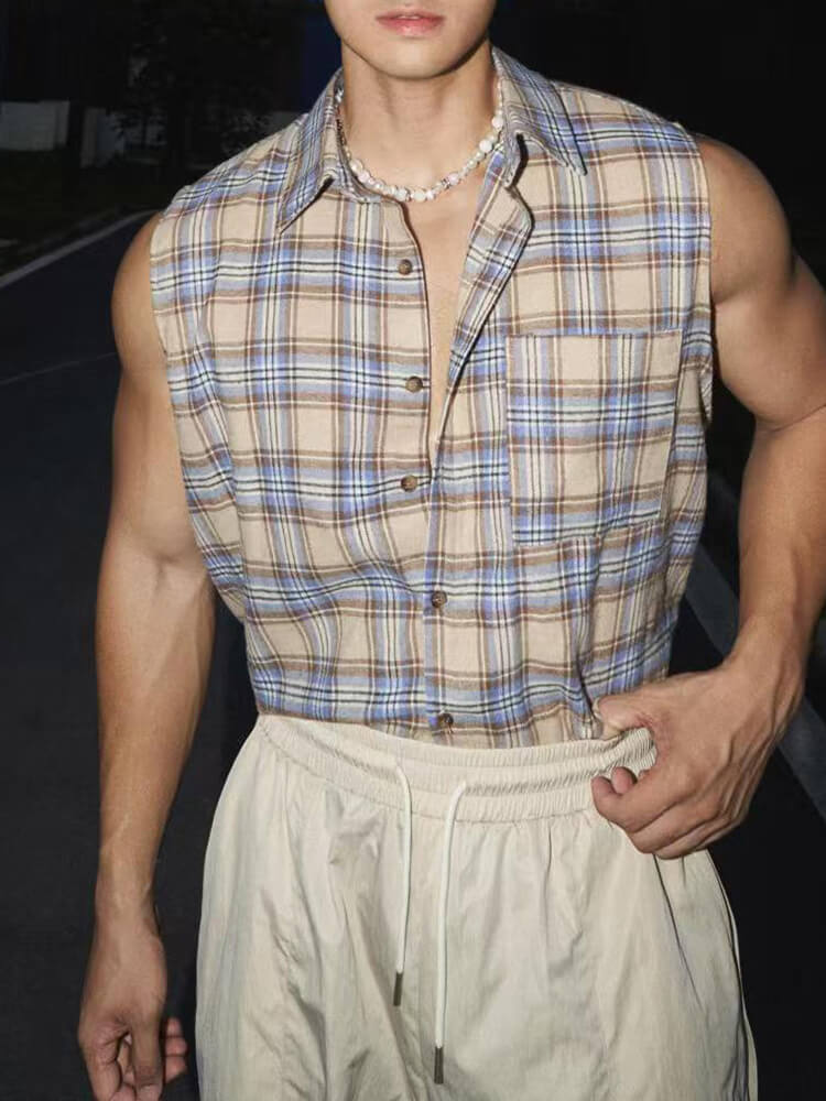 Men's Casual Loose Plaid Polyester Shirt Vest
