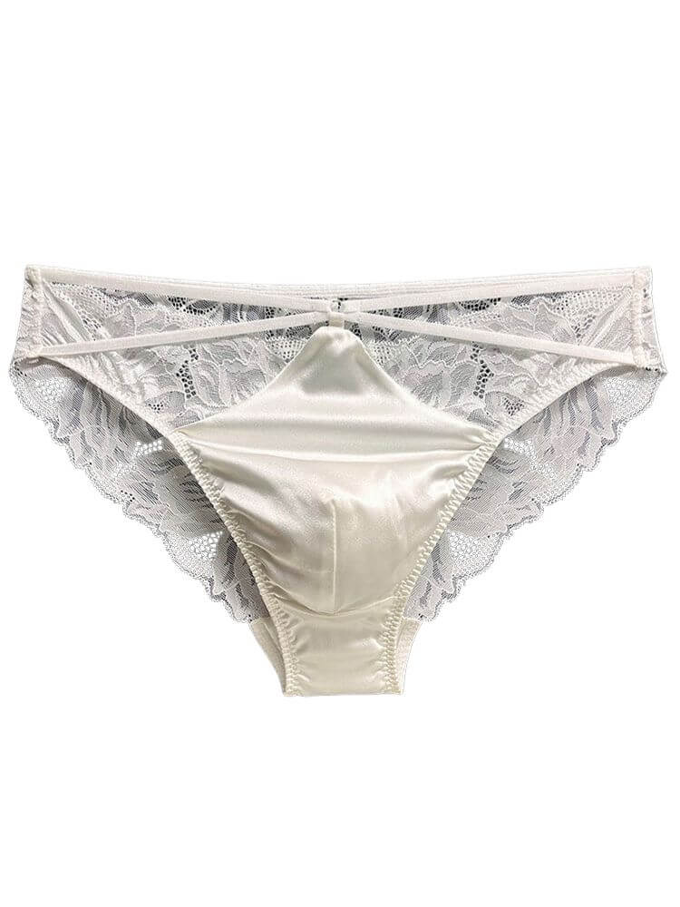 Men's Sexy Cross-Strap Transparent Lace Silk Briefs