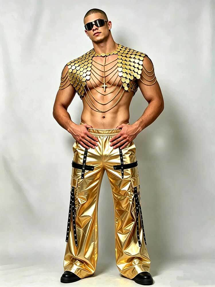 Men's Gold Mirrored Chain Cross Performance Costume Set