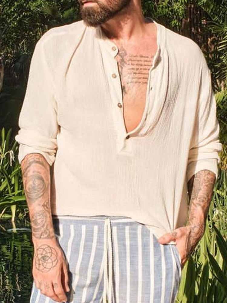 Men's Loose Cotton Linen Stand Collar Top
