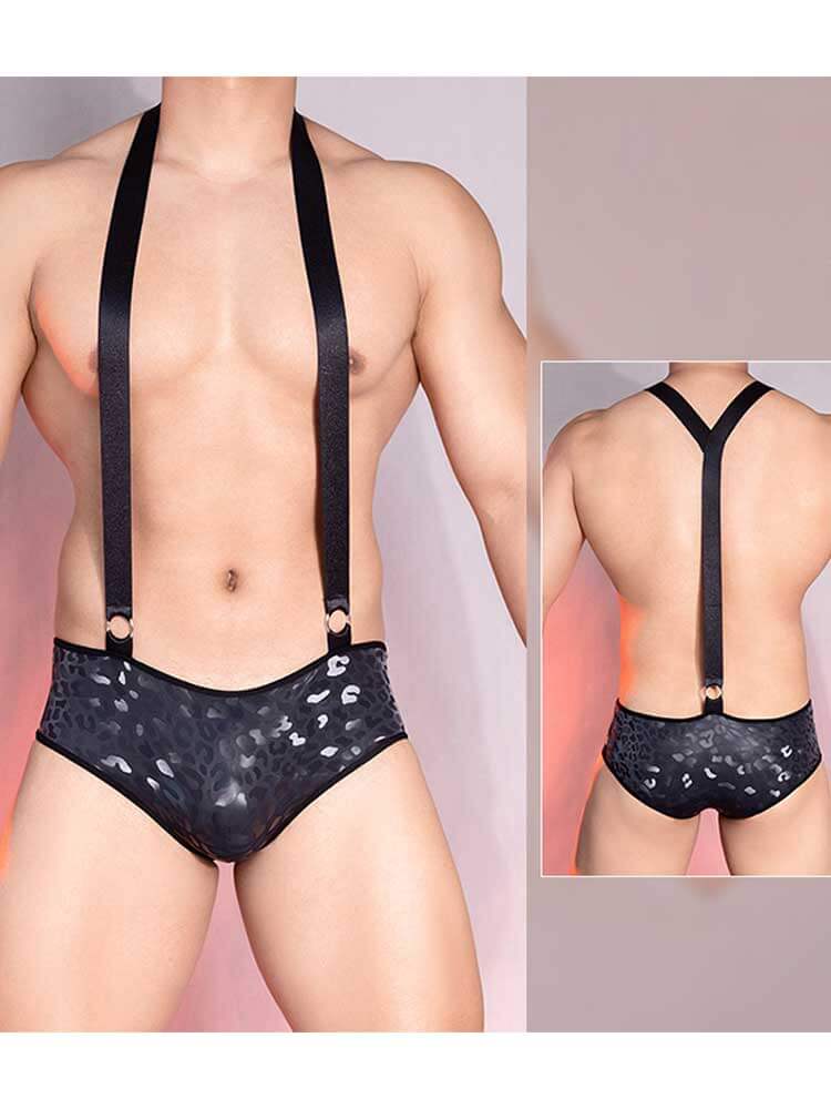Men's Sexy Leopard-Print Embossed PU Leather Bodysuit