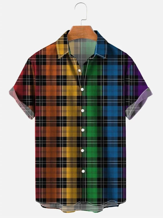 Men's Rainbow Plaid Stripes Lines Print Shirt