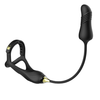 Command 3 in 1 Vibrating Cock and Ball Sling with Thrusting Butt Plug