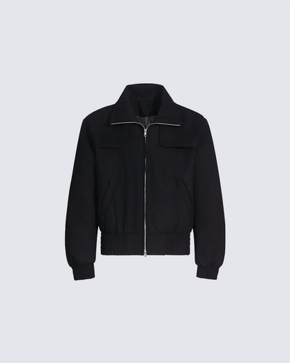 Black Wool-Blend Structured Zip-Up Jacket