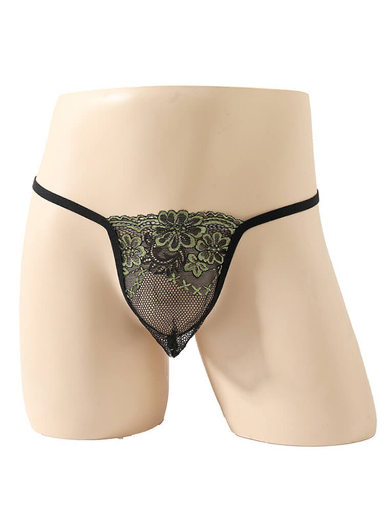 Men's Sexy Floral Embroidered Low-Rise Lace Thong
