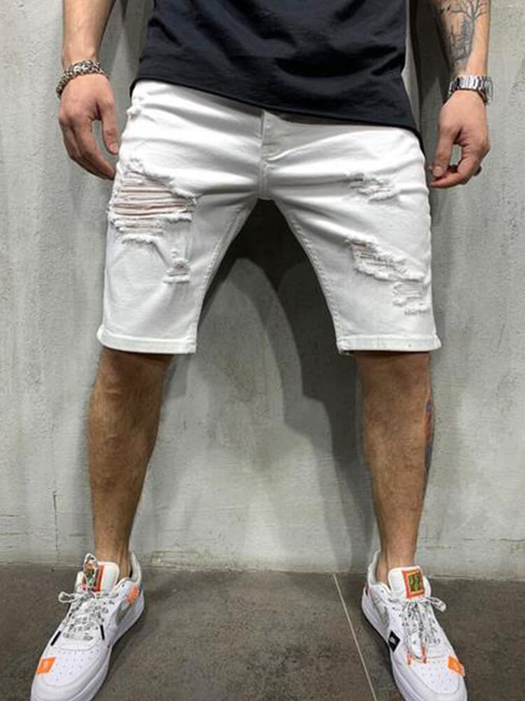 Men's Solid Color Ripped Slim-Fit Denim Shorts