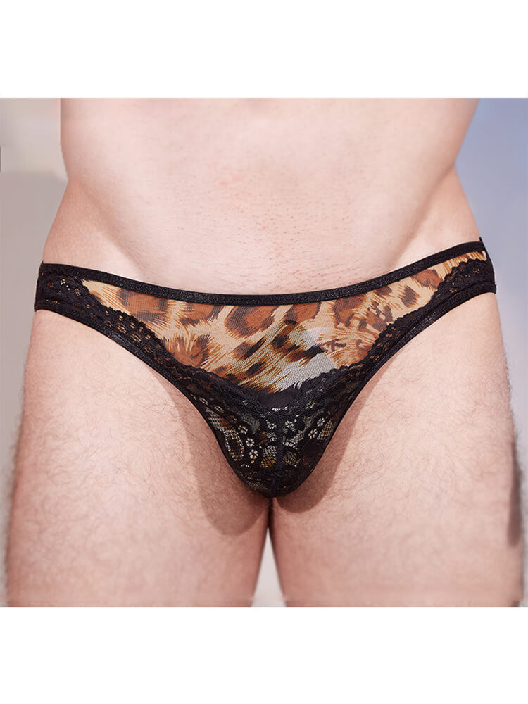 Men's Sexy Leopard Print Patchwork Lace Low-Rise Briefs