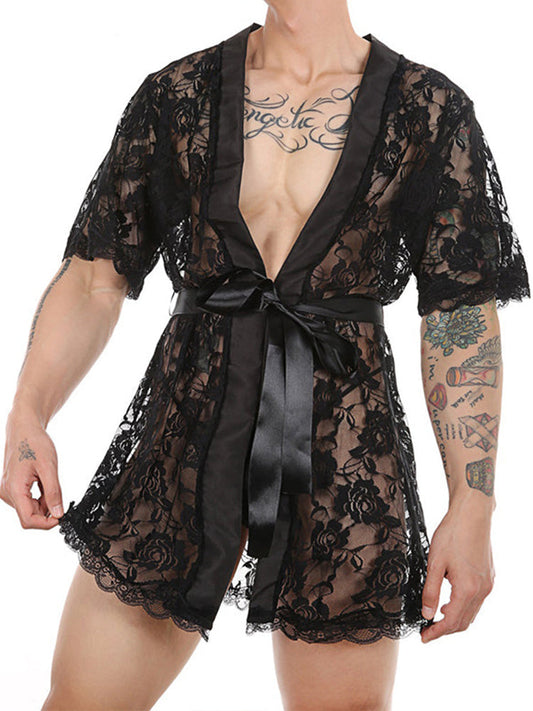 Men's Perspective Temptation Sexy Lace Thong Bathrobe
