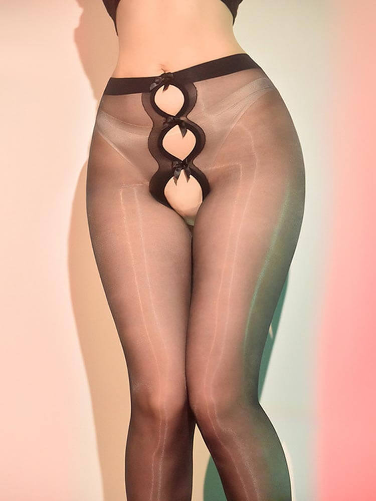 Sexy Glossy No-Remove Bow-Tie Open-Crotch Stockings