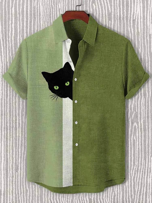 Casual Fun Hide And Seek Black Cat Print Shirt