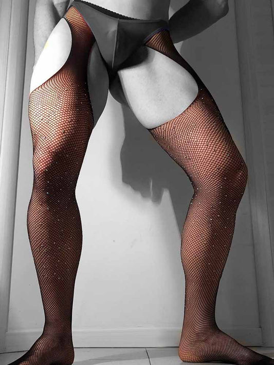 Men's Open Crotch Diamonds-Set Fishnet Stockings