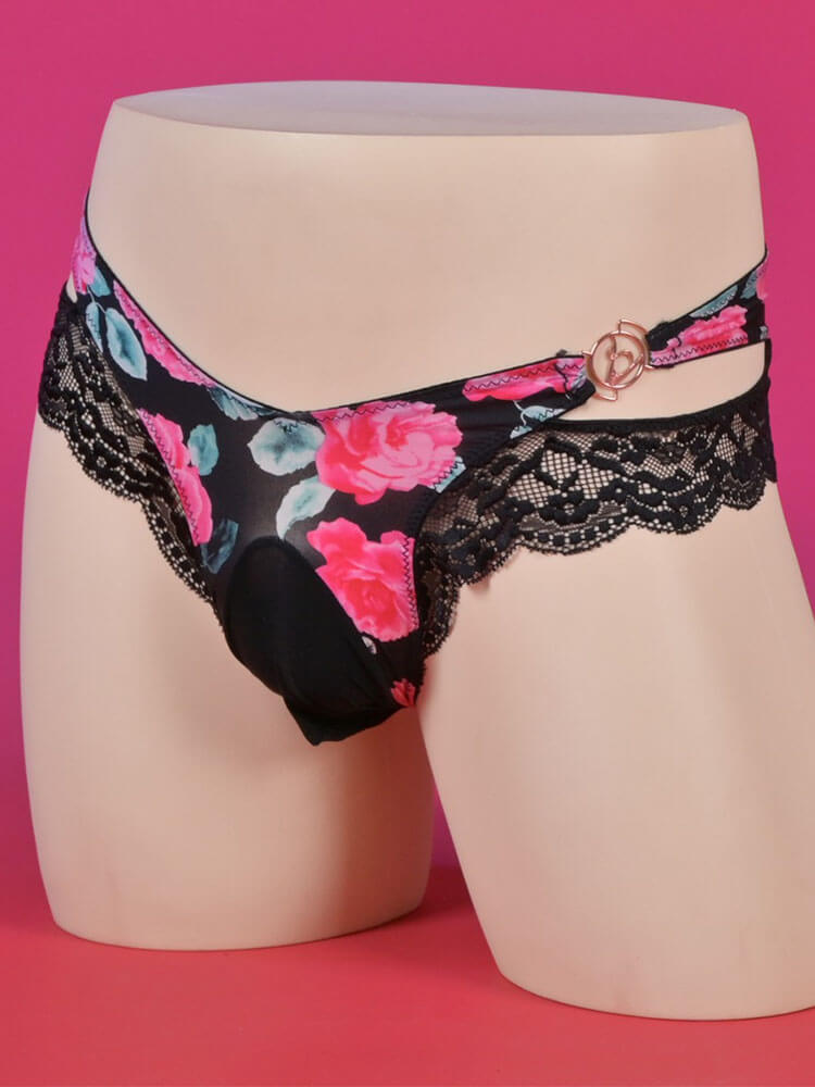 Men's Sexy Floral Print Low-Rise Seamless Lace Briefs