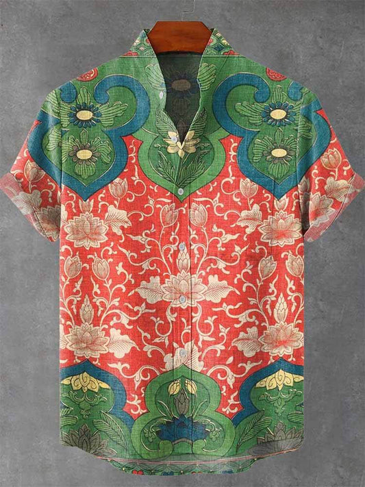 Vintage Floral Art Print Cotton Short-Sleeved Shirt