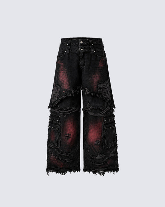 KIIKIO Gradient Red Frayed Cargo Wide Leg Denim Pants