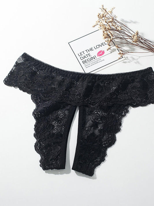 Men's Sexy Lace Open-Crotch Solid Color Thong