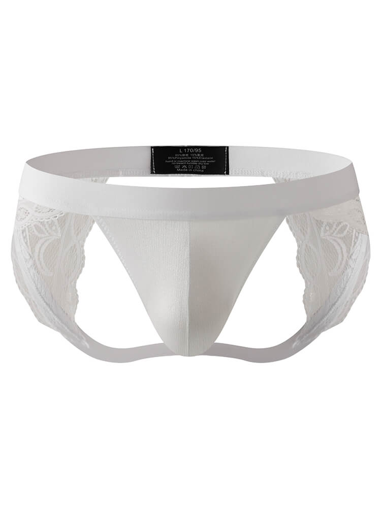 Men's Sexy Low-Rise Hollowed-Out Lace Silky Double Thong