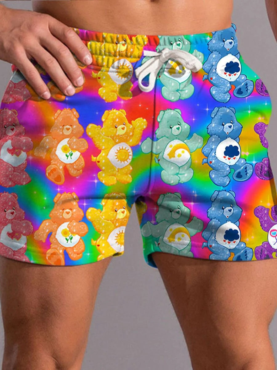Men's Cartoon Print Drawstring Beach Shorts