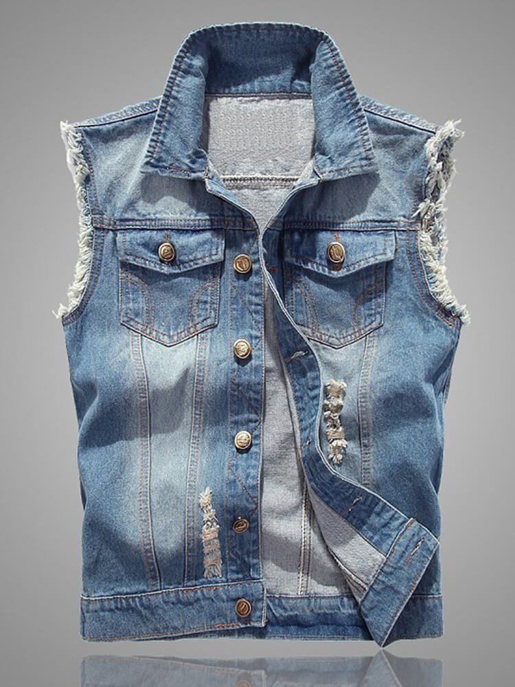 Men's Retro Frayed Ripped Denim Vest Jacket