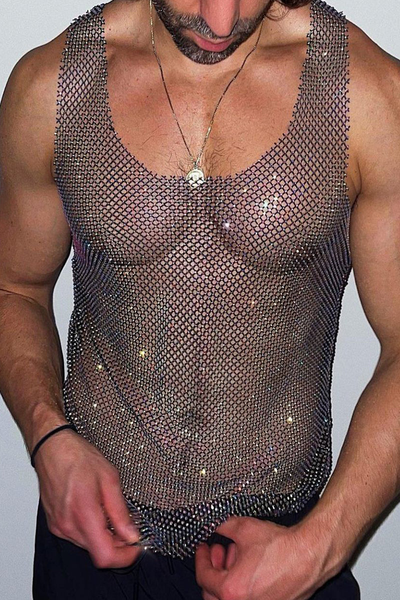 Mesh Premium Rhinestone Raw Cut Tank Top - Black