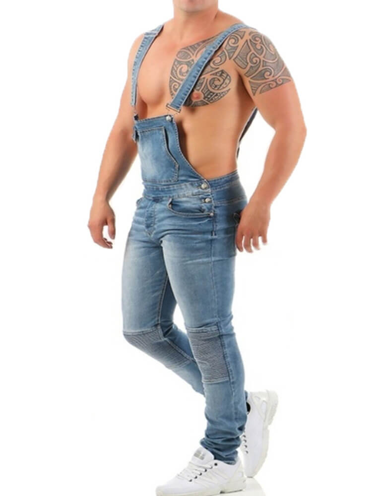 Men's Cross Back Solid Color Denim Overalls