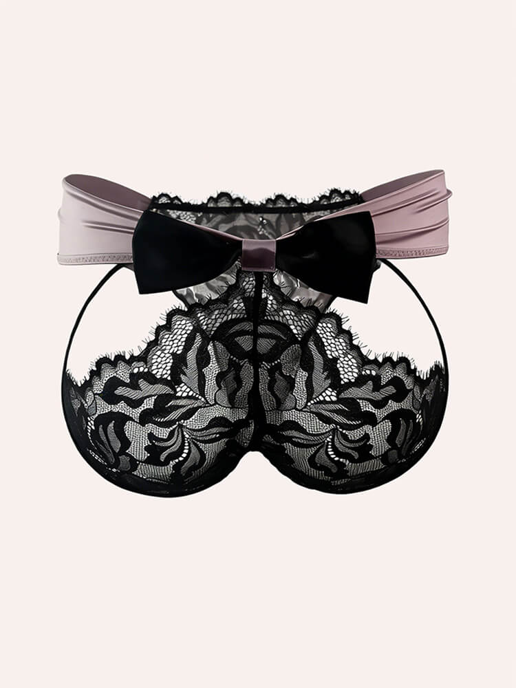 Men's Sexy Black Lace Satin Ribbon Bow Sheer Briefs