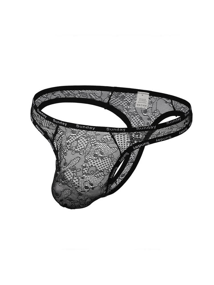 Men's Sexy See-Through Lace Letter Belt Elastic Briefs