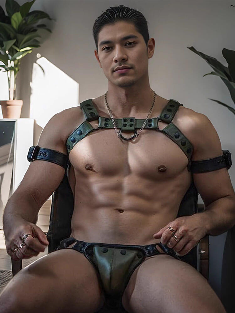Men's Sexy Genuine Leather Chest Strap Fitness Set