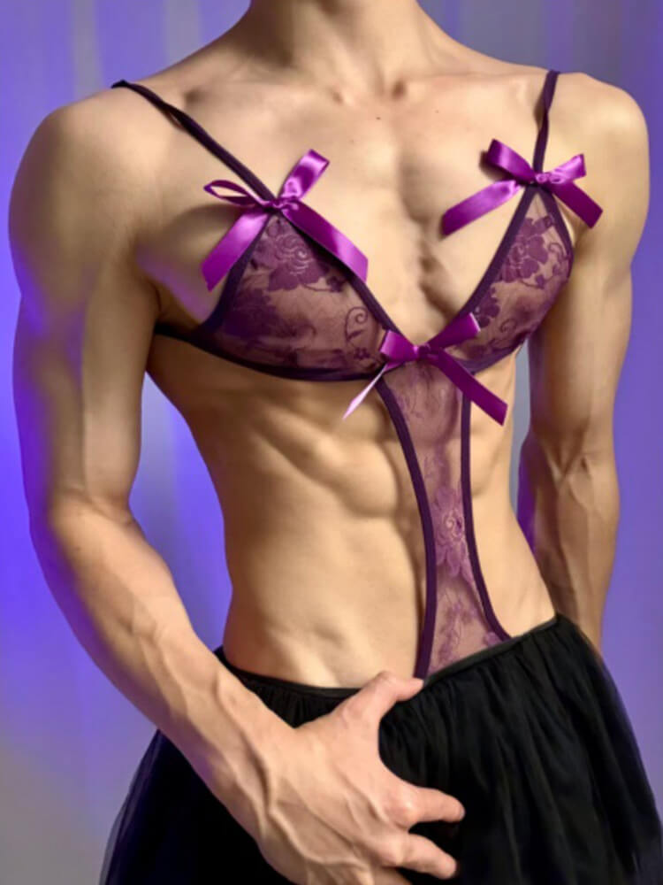 Men’s Sexy Pure Desire Lace Bodysuit and Skirt Set