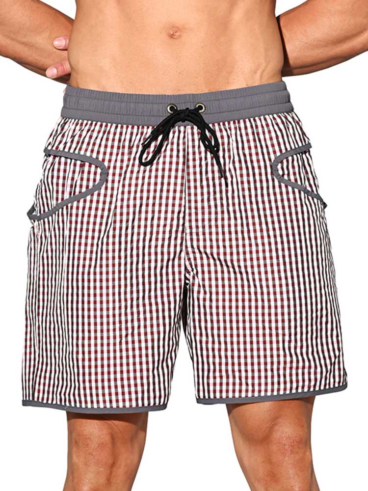 Men's Plaid Quick-Dry Drawstring Swim Shorts