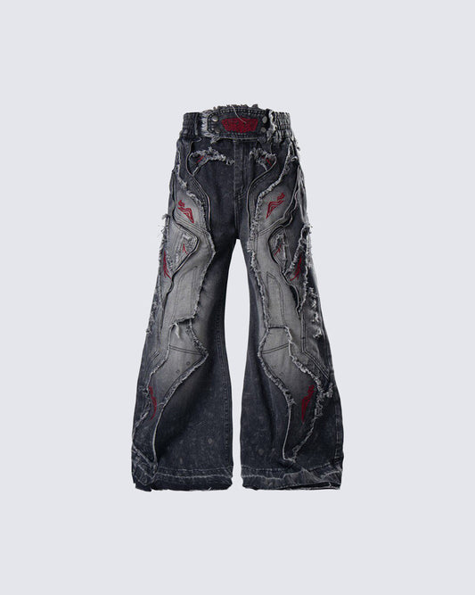 New Dark Washed Red Embroidery Flared Denim Jeans